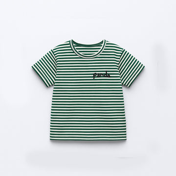WHITE WITH GREEN STRIPES PANDA HALF SLEEVES T-SHIRT FOR BOYS